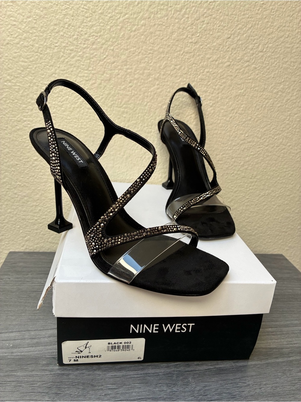 New Nine West Black Crystal Stud Strap Slingback Heels, size 7